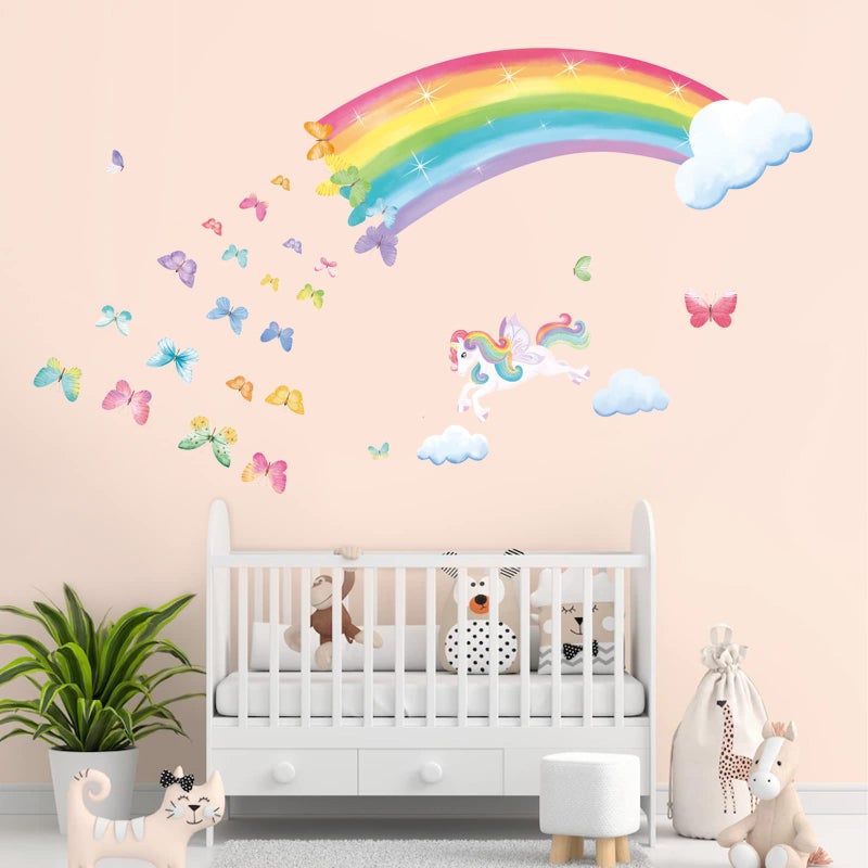 decalmile Rainbow Wall Decals Unicorn Rainbow Butterflies Clouds Wall Stickers Baby Nursery Girls Bedroom Daycare Wall Decor Gifts for Girls - Image 3